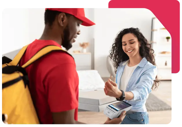 food delivery person accepting tap to phone payment by Network